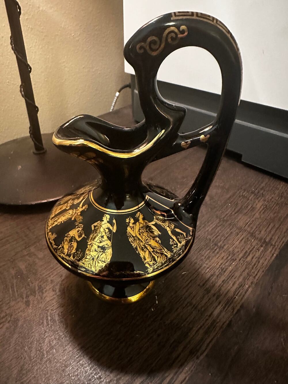 VINTAGE GREEK CERAMIC PITCHER W/24KT GOLD PAINTED DEPICTIONS